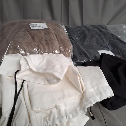 BOX OF ASSORTED CLOTHING ITEMS TOO INCLUDE COATS , TOPS, AND TROUSERS ETC.