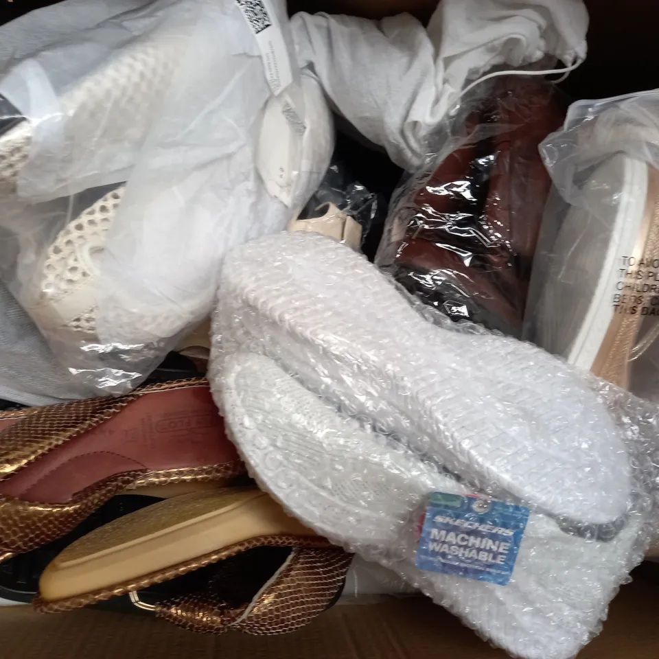 BOX OF APPROXIMATELY 15 ASSORTED PAIRS OF SHOES AND FOOTWEAR ITEMS IN VARIOUS COLOURS, STYLES, AND SIZES - COLLECTION ONLY
