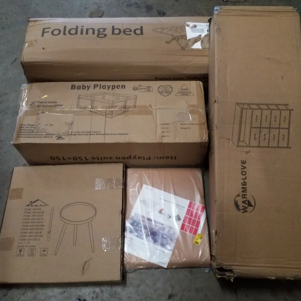 PALLET CONTAINING ASSORTED PRODUCTS INCLUDING FOLDING BED, BABY PLAYPEN, FABRIC DRESSER, CAT DETERRENT OUTDOOR SCAT MAT & SIDE TABLE