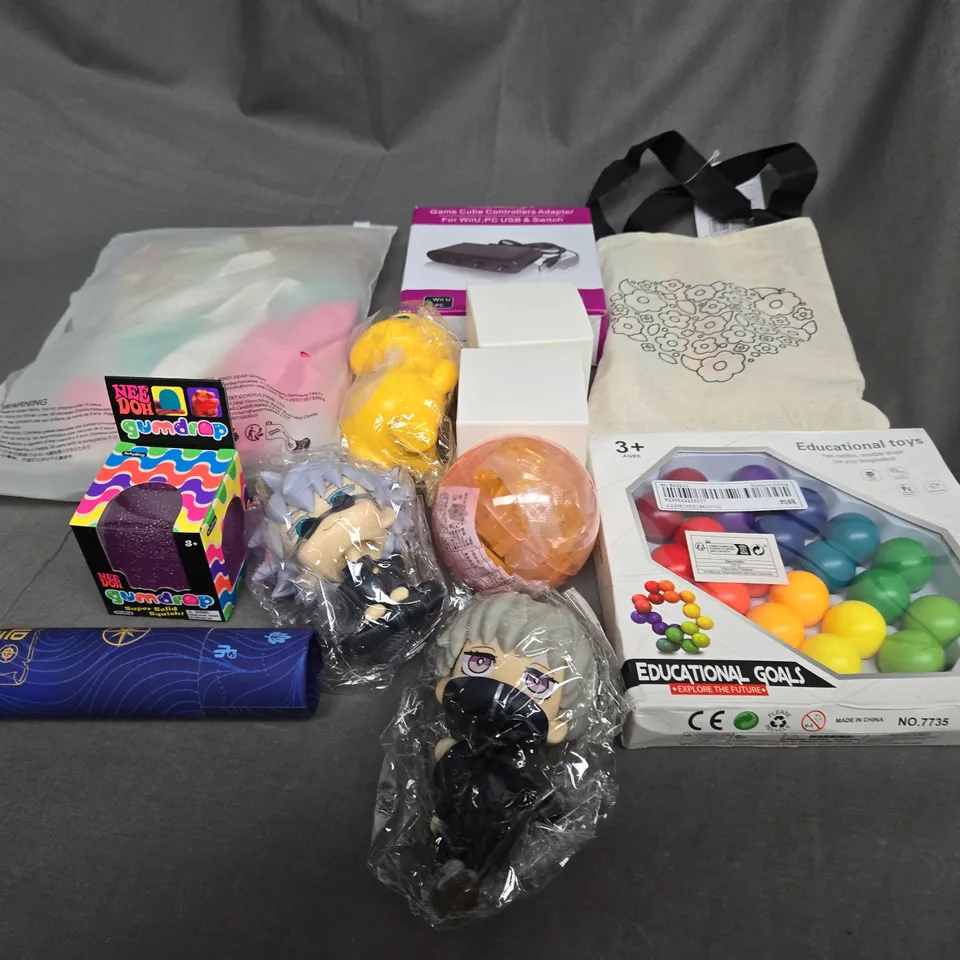 APPROXIMATELY 10 ASSORTED TOYS AND GAMES TO INCLUDE BALLOONS, RUBIKS CUBE AND EDUCATIONAL TOYS