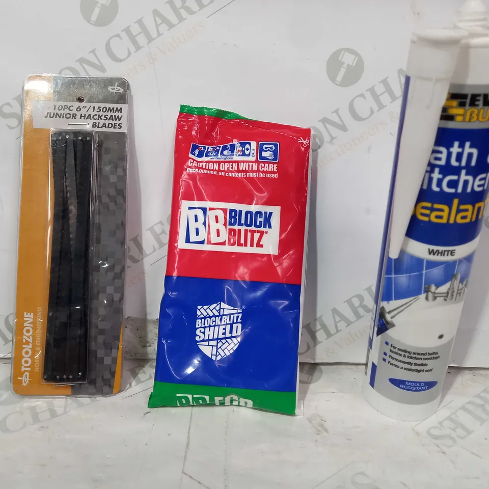 LOT OF APPROXIMATELY 10 ASSORTED HOUSEHOLD ITEMS TO INCLUDE EVER BUILD BATH & KITCHEN SEALANT, BLOCK BLITZ SHIELD, JUNIOR HACKSAW BLADES, ETC