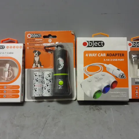 APPROXIMATELY 25 ASSORTED ITEMS TO INCLUDE - OBJECT 4 WAY CAR ADAPTER , STEREO EAR PHONES ETC