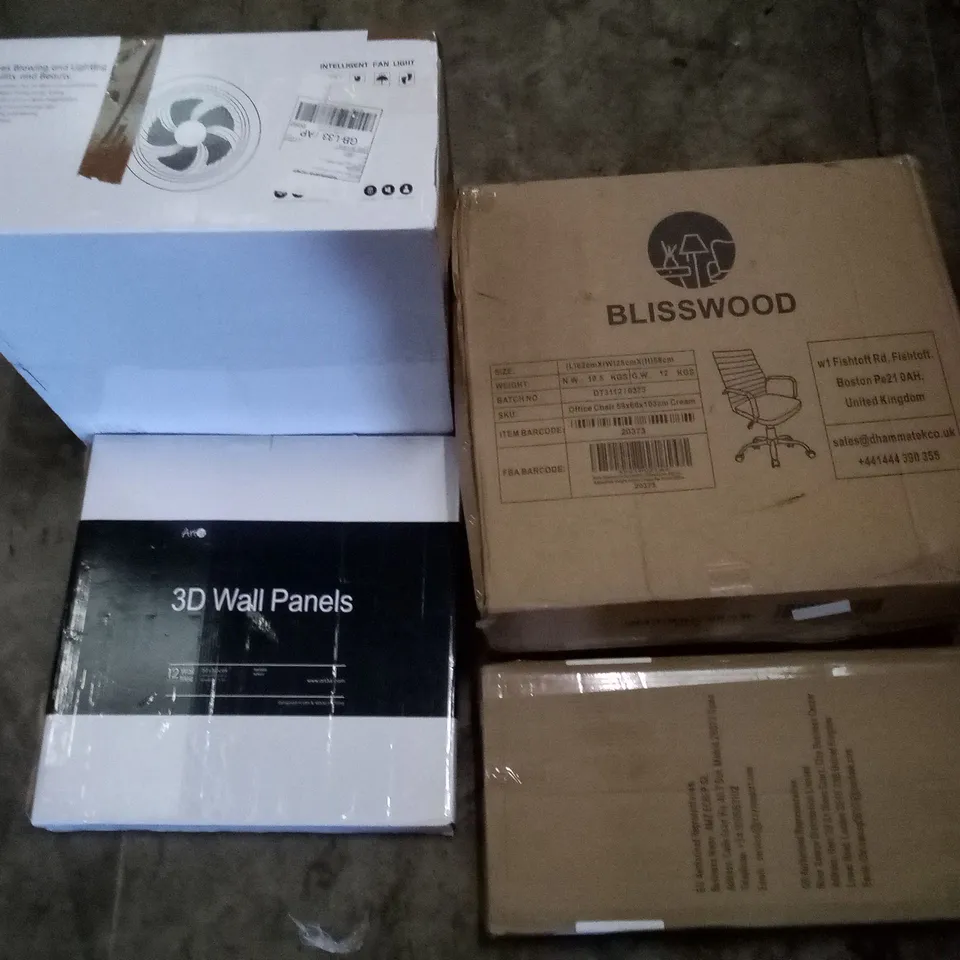 PALLET OF ASSORTED ITEMS INCLUDING INTELLIGENT FAN LIGHT, BLISSWOOD OFFICE CHAIR, 3D WALL PANELS, CLOTH DRYING RACK 