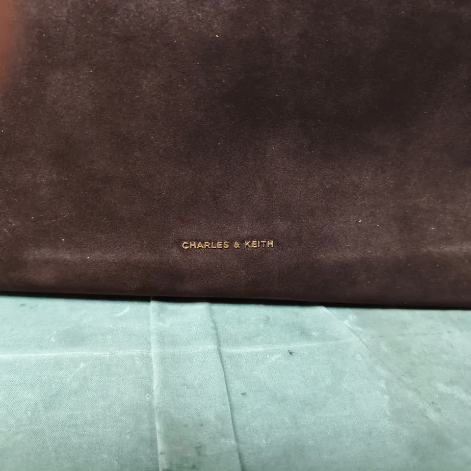 CHARLES & KEITH BROWN SUEDE HANDBAG WITH PALE BLUE STRAP