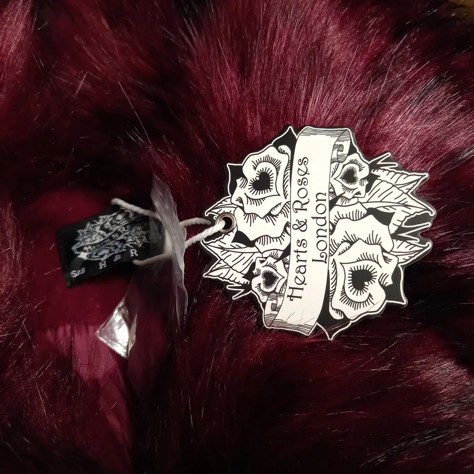 HEARTS AND ROSES BURGHUNDY FAUX FUR TRIMMED COAT - UK 12