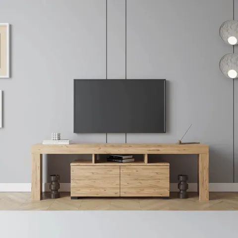 BOXED BRONNY 2-DOOR SHELVED TV UNIT ELEGANT & FUNCTIONAL ENTERTAINMENT CENTER - TRAVERTINE (1 BOX)