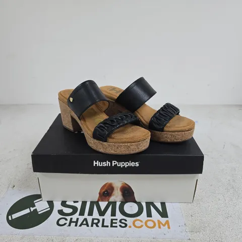 HUSH PUPPIES POPPY RUCHED BLACK LEATHER STRAP SANDALS UK 6 BOXED