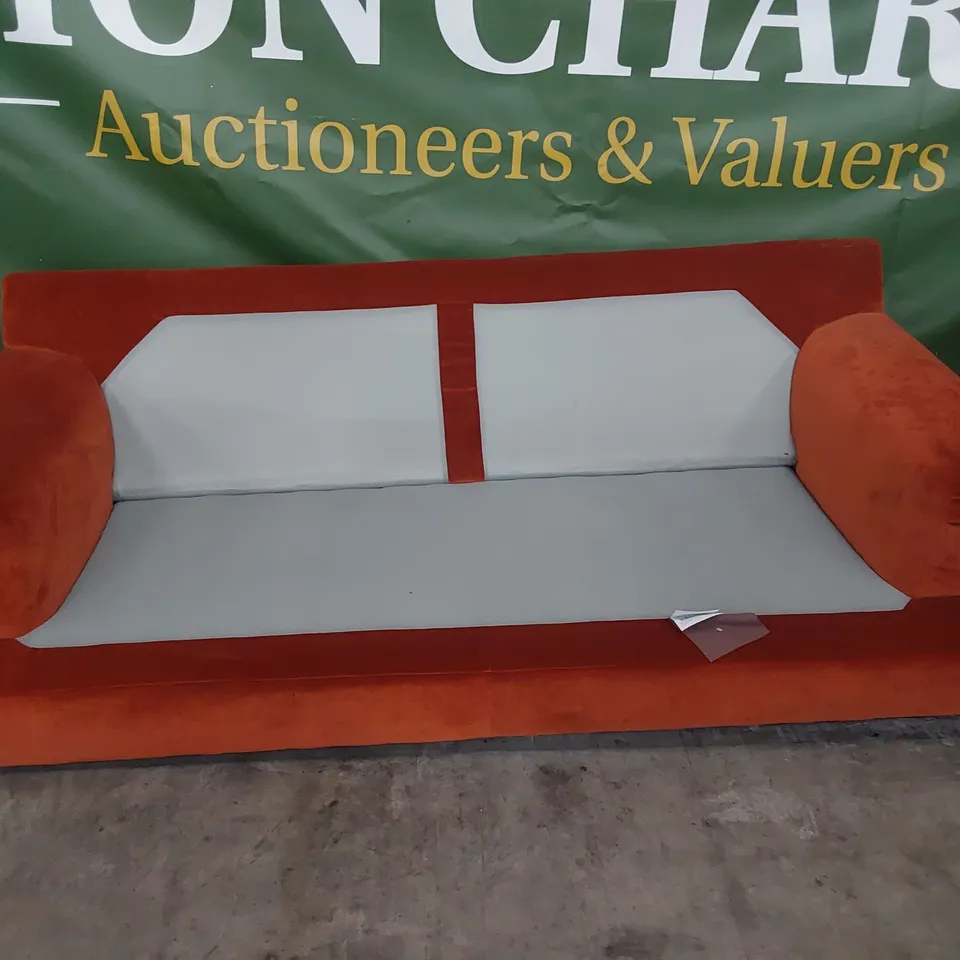 DESIGNER THREE SEATER SOFA FRAME BURNT ORANGE PLUSH FABRIC