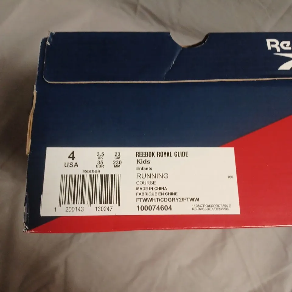 BOXED PAIR OF REEBOK ROYAL GLIDE KIDS' RUNNING SHOES, WHITE –UK SIZE 3.5