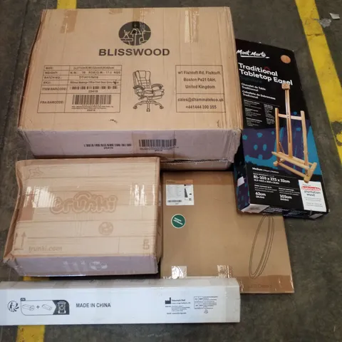 PALLET CONTAINING ASSORTED PRODUCTS INCLUDING OFFICE CHAIR, TRUNKI SUITCASE, TRADITIONAL TABLETOP EASEL, LED CEILING LIGHT & TENSION ROD