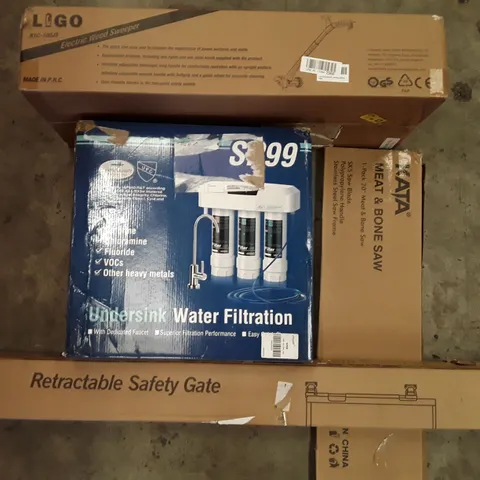PALLET TO CONTAIN AN ASSORTMENT OF HOUSEHOLD ITEMS TO INCLUDE RETRACTABLE BABY GATE, MEAT AND BONE SAW, UNDER SINK WATER FILTRATION AND ELECTRIC WEED SWEEPER ECT