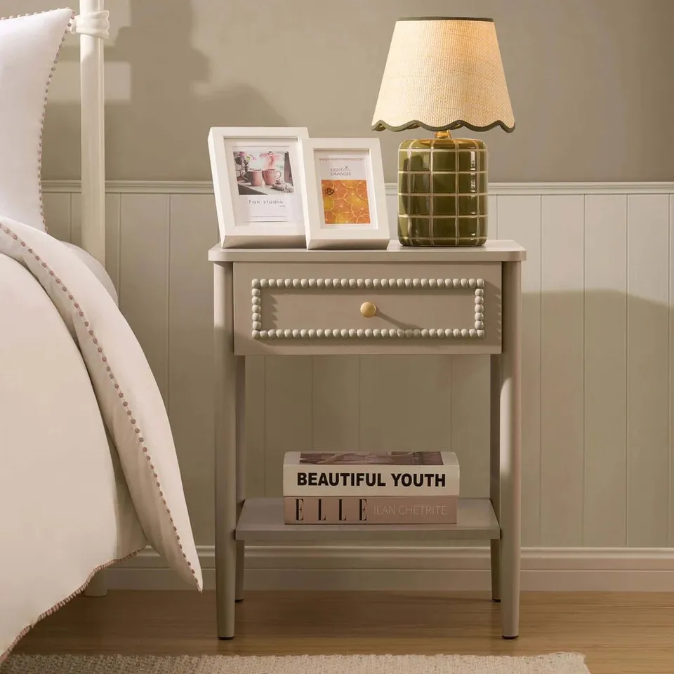 BOXED POSY BOBBIN 1 DRAWER NIGHTSTAND - TAUPE (1 BOX)