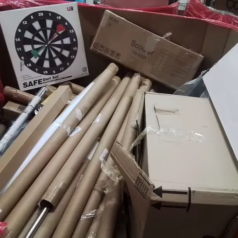 PALLET CONTAINING VARIOUS ASSORTED BOXED HOUSEHOLD ITEMS TO INCLUDE: CURTAIN POLES, DART BOARD, KIDS SCOOTER WINDOW FILM AND LOTS MORE UNMARKED BOXED ITEMS 