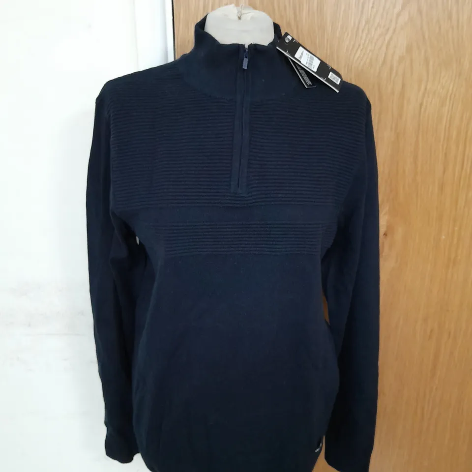 THREADBARE 1/4 ZIP RIBBED JUMPER IN NAVY SIZE L