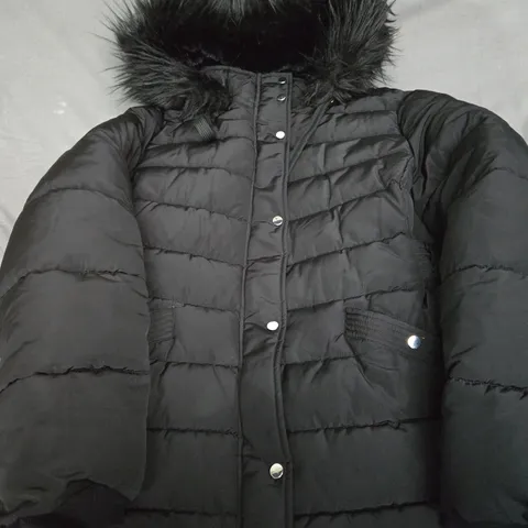 F&F BLACK PADDED JACKET WITH FUR HOOD - UK 16