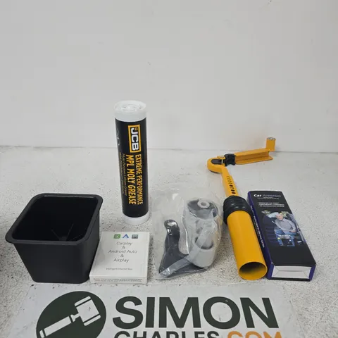 APPROXIMATELY 20 ASSORTED ITEMS INCLUDING CARPLAY & ANDROID AUTO & AIRPLAY INTELLIGENT INTERNET BOX, JCB EXTREME PERFORMANCE MPL MOLY GREASE AND A CAR ARMREST