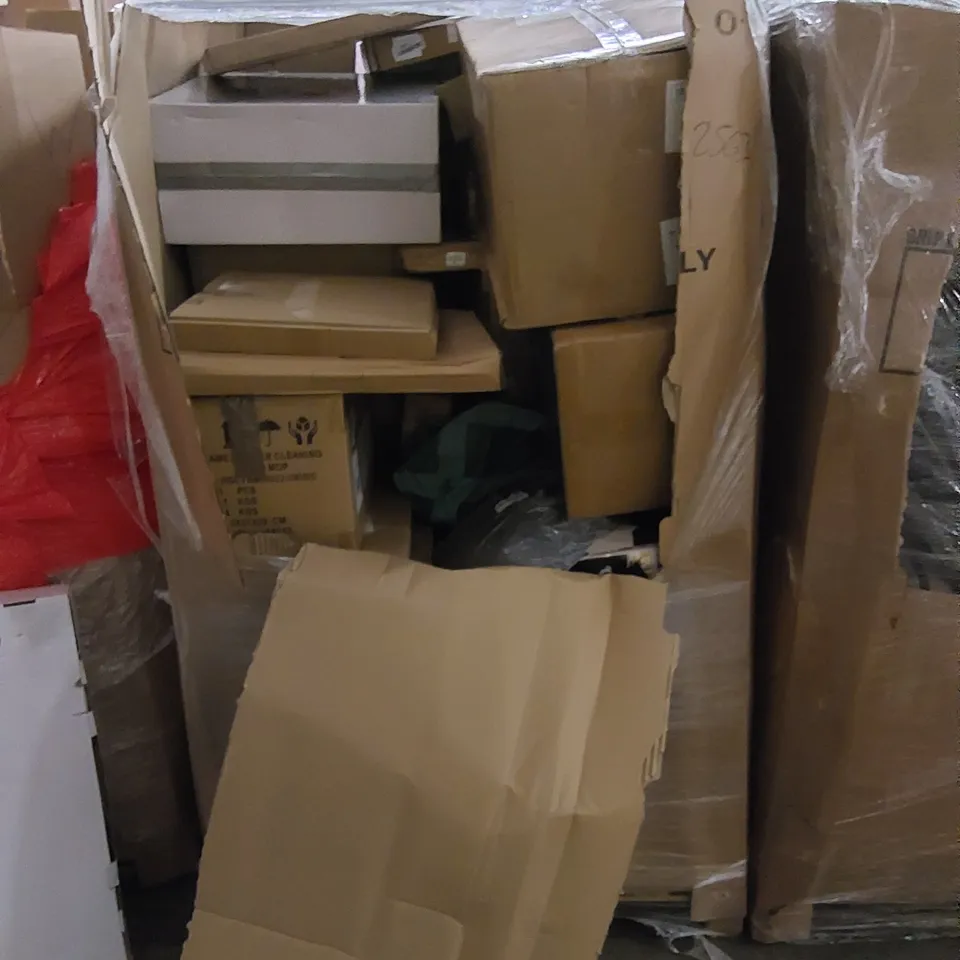 PALLET TO CONTAIN ASSORTED HOUSEHOLD ITEMS AND CONSUMER PRODUCTS. INCLUDING TOILET SEATS, AIR FRYER, COFFEE MAKER, CEILING FAN WITH LIGHT ETC