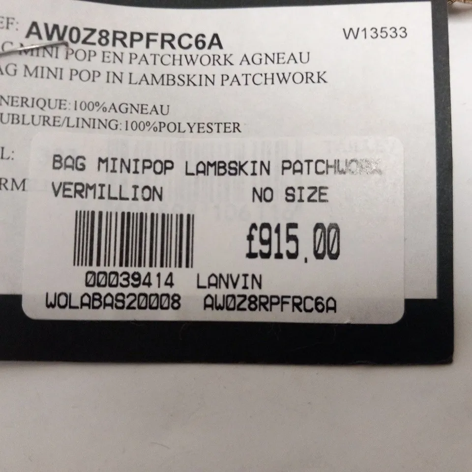 LANVIN PARIS VERMILLION MINIPOP LAMBSKIN PATCHWORK BAG