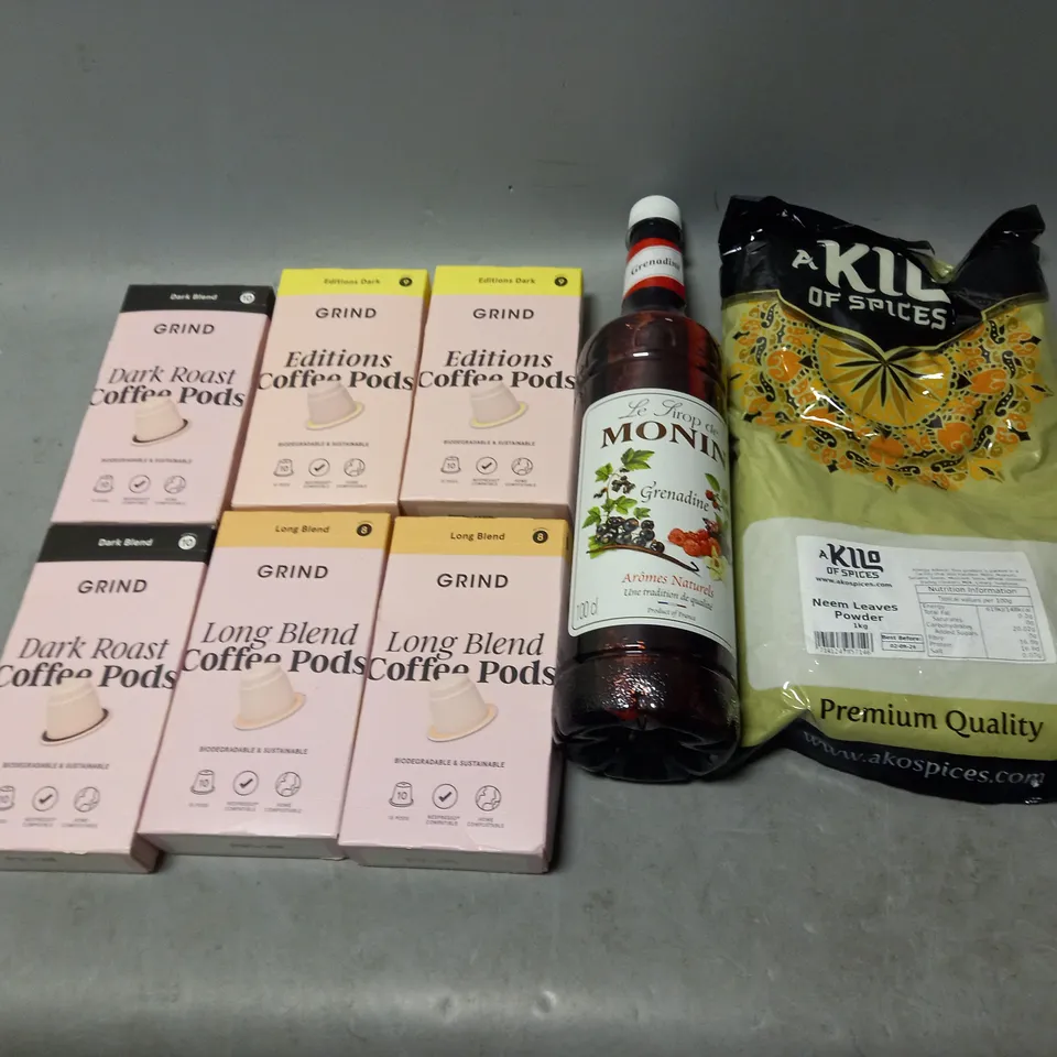 LOT OF APPROXMATELY 6 ITEMS TO INCLUDE  - NEEM LEAVES POWDER, AROMES NATURELS GRENADINE, AND GRIND COFFEE PODS ETC. 