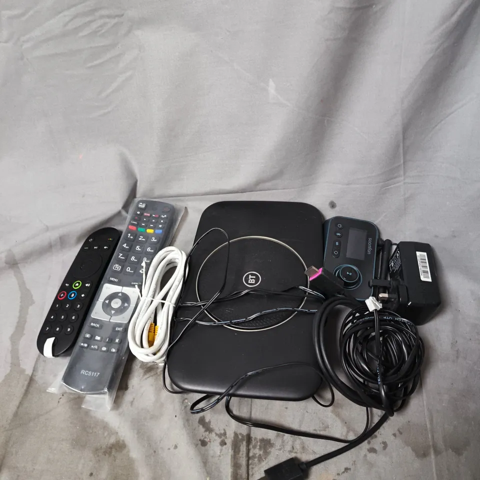 APPROXIMATELY 6 ASSORTED HOUSEHOLD ITEMS TO INCLUDE BT BOX, ASSORTED WIRES AND REMOTES