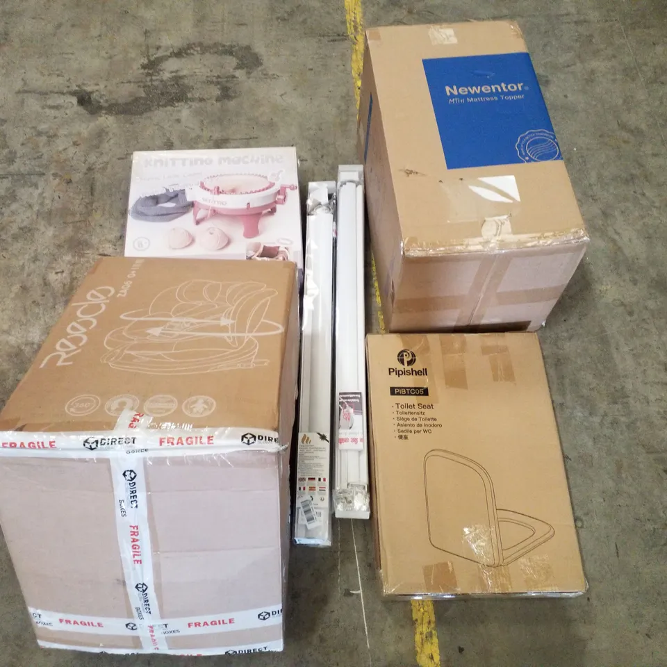 PALLET CONTAINING ASSORTED PRODUCTS INCLUDING KNITTING MACHINE, TOILET SEAT, MATTRESS TOPPER, KIDS CAR SEAT & ROLLER BLINDS