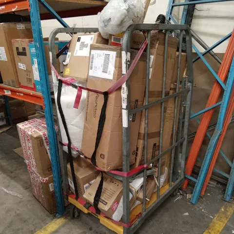 CAGE OF ASSORTED HOUSEHOLD GOODS AND PRODUCTS TO INCLUDE; TREE STANDS, FURNITURE, TABLE LAMP ETC - CAGE NOT INCLUDED