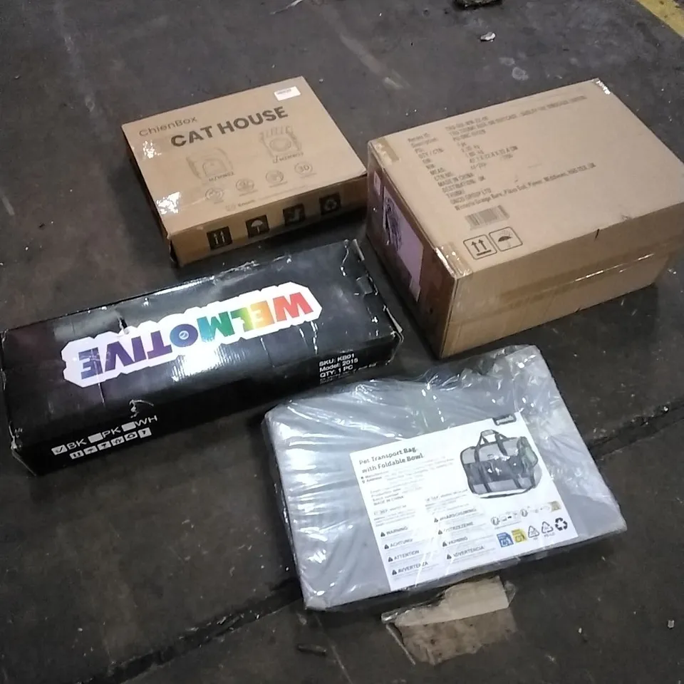 PALLET OF HOUSEHOLD ITEMS TO INCLUDE PET TRANSPORT BAG,TRUNKI,CAT HOUSE, KICK SCOOTER AND OTHER ASSORTED ITEMS...