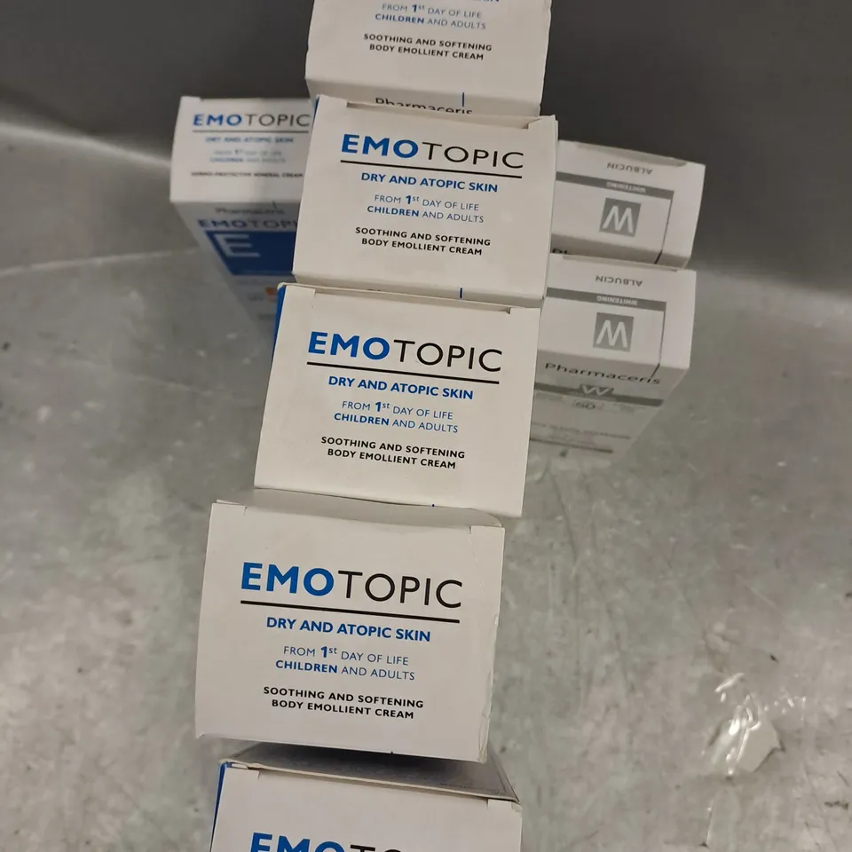 8 ASSORTED PHARMACERIS PRODUCTS TO INCLUDE EMOTOPIC DERMO-PROTECTIVE MINERAL CREAM, EMOTOPIC EMOLIENT & ALBUCIN-TRIPLE ACTION DAY CREAM