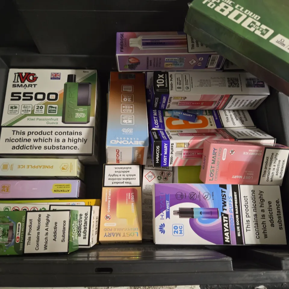 APPROXIMATELY 35 ASSORTED E-CIGARETTE PRODUCTS TO INCLUDE - VUSE GO, LOST MARY AND TIC TOCK