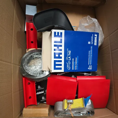 LARGE BOX OF ASSORTED AUTOMOTIVE PARTS BOX – TO INCLUDE TOOLS - WEDGES - AIR FILTERS 