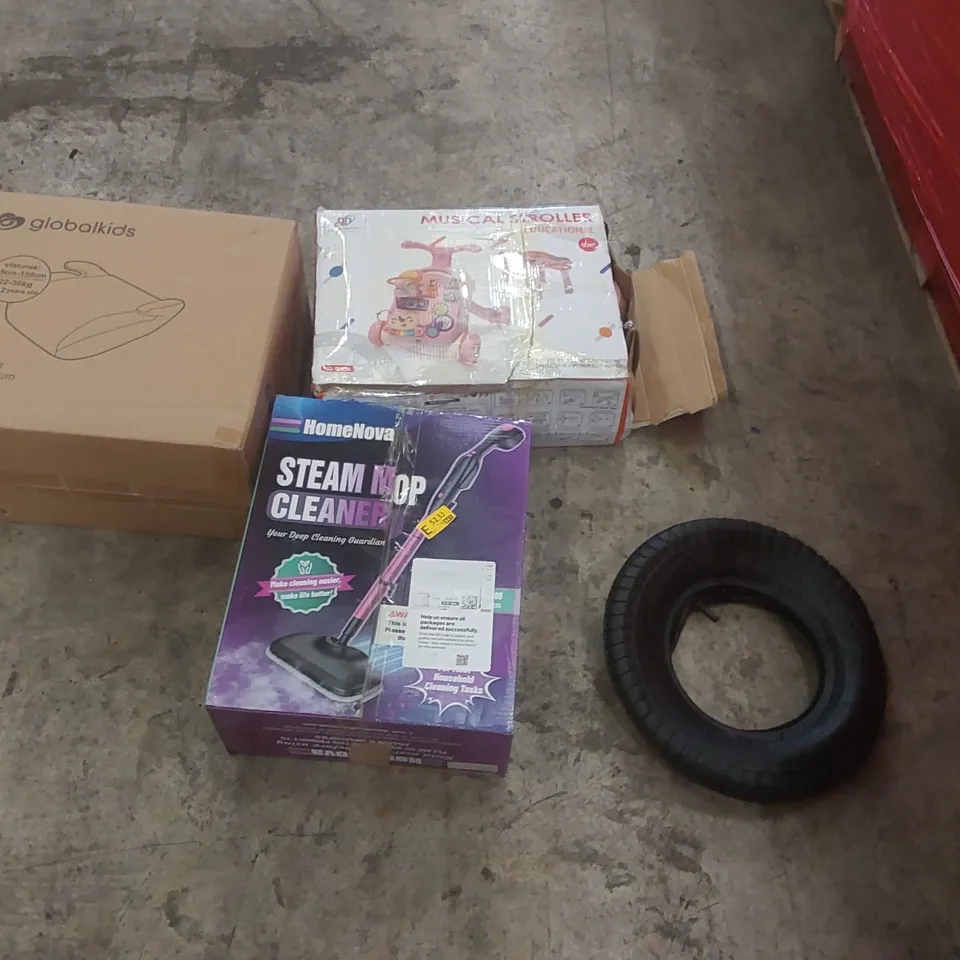 PALLET CONTAINING A LARGE QUANTITY OF ASSORTED ITEMS INCLUDING: MUSICAL STROLLER, STEAM MOP CLEANER, CAR SEAT, TYRES ECT