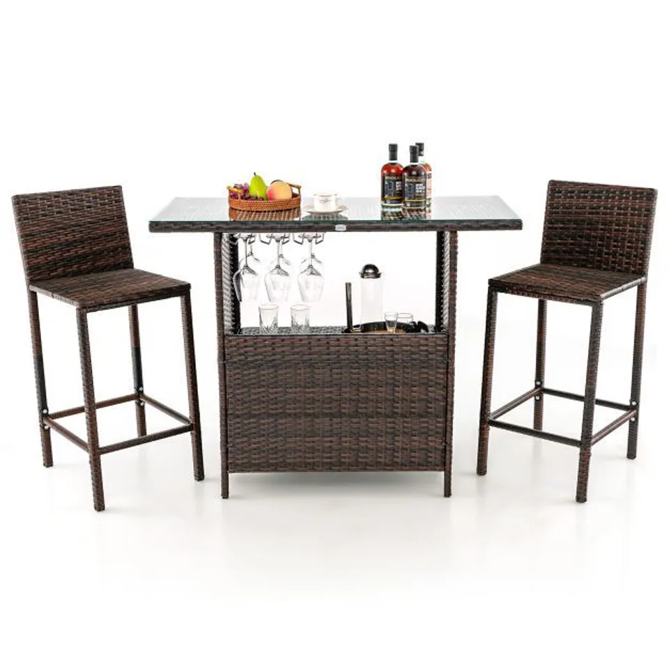 BOXED COSTWAY 3 PIECE PATIO WICKER GARDEN BAR SET RATTAN BAR HEIGHT TABLE CHAIR SET W/ STEMWARE RACKS