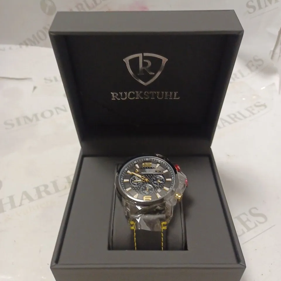 MEN’S RUCKSTUHL CHRONOGRAPH WATCH – MODEL R120 – BLACK MULTI-FUNCTION DIAL – BLACK GENUINE LEATHER STRAP – 3ATM WATER RESISTANT 