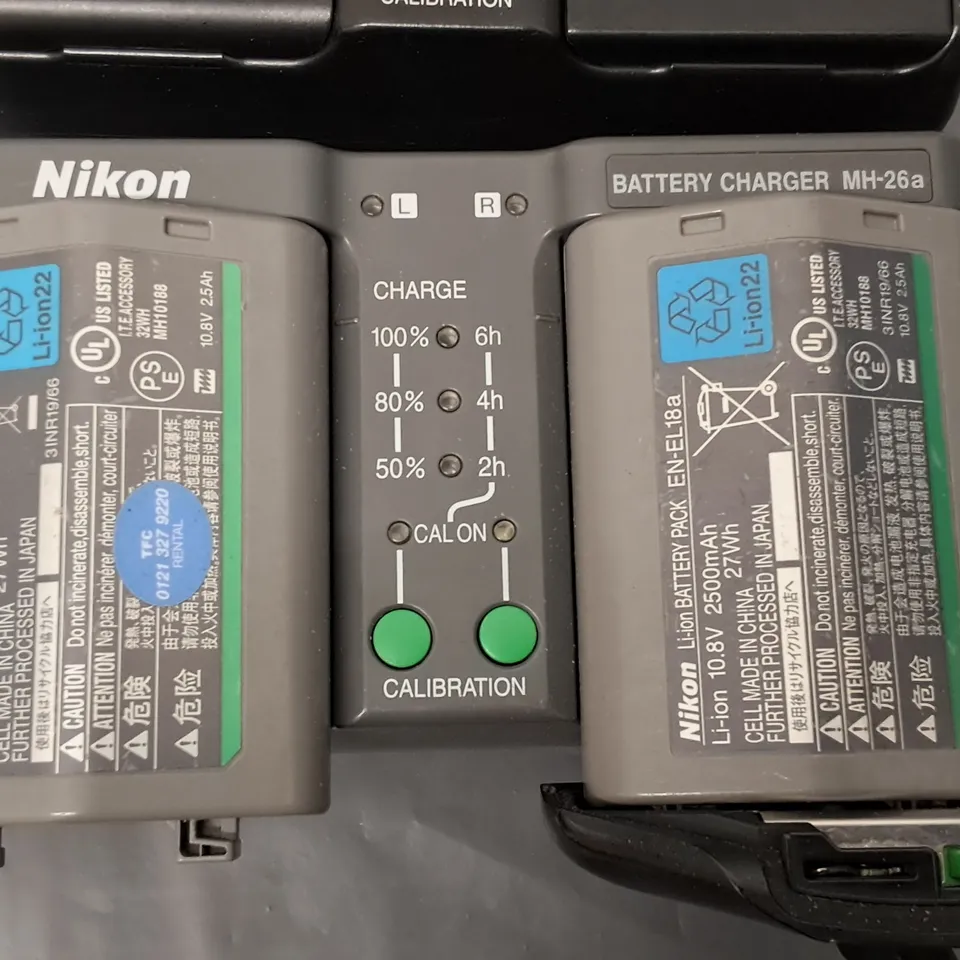 LOT OF 2 2-PORT NIKON BATTERY CHARGERS WITH TWO BATTERIES INCLUDES MH-22 & MH-26A