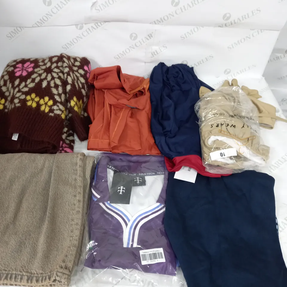 LARGE BOX OF ASSORTED CLOTHING ITEMS TO INCLUDE LINGERIE, DRESSES AND JUMPERS