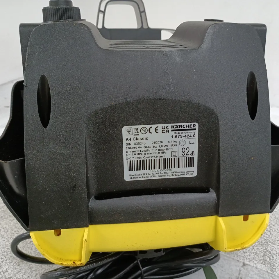 KÄRCHER K4 CLASSIC PRESSURE WASHER – YELLOW/BLACK UNBOXED