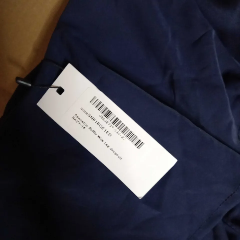 BOOHOO NAVY ASYMETRIC UFFLE WIDE LEG JUMPSUIT - SIZE 14