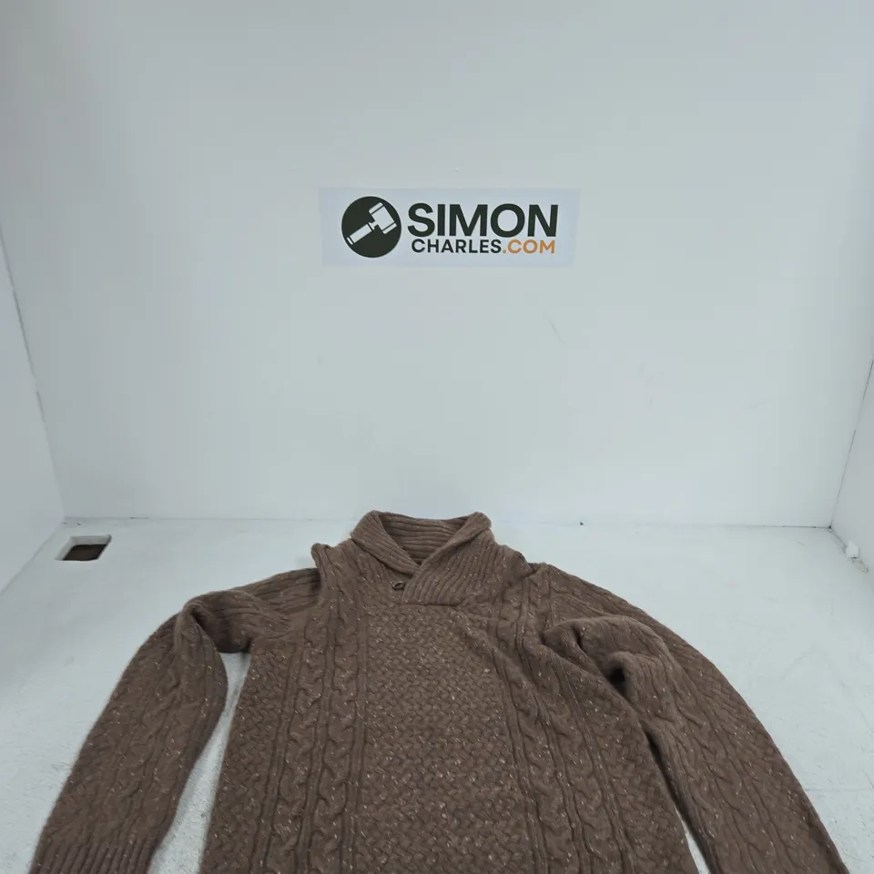 WHITE STUFF BROWN CABLE-KNIT JUMPER, MADE IN CAMBODIA, UK SIZE S