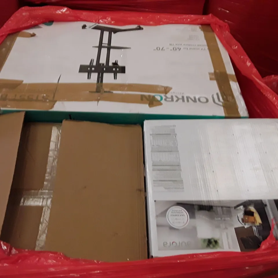 PALLET OF ASSORTED PRODUCTS INCLUDING MOBILE TV STAND FOR 40"-70" SCREENS, HOMIDEC PORTABLE WARDROBE, OFFICE CHAIR, AURORAS HOT/COLD WATER DISPENSER