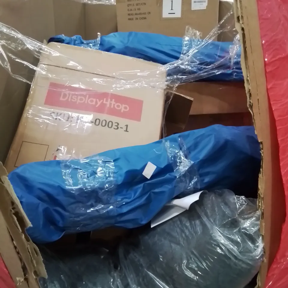 PALLET OF ASSORTED HOUSEHOLD GOODS AND PRODUCTS TO INCLUDE; WOODEN BED FRAME, GRILL, BOXED FURNITURE ETC 