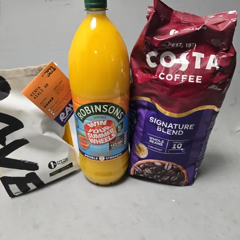 APPROXIMATELY 7 ASSORTED FOOD & DRINK ITEMS TO INCLUDE -COSTA COFFEE SIGNNATURE BLEND , ROBINSONS ORANGE ETC
