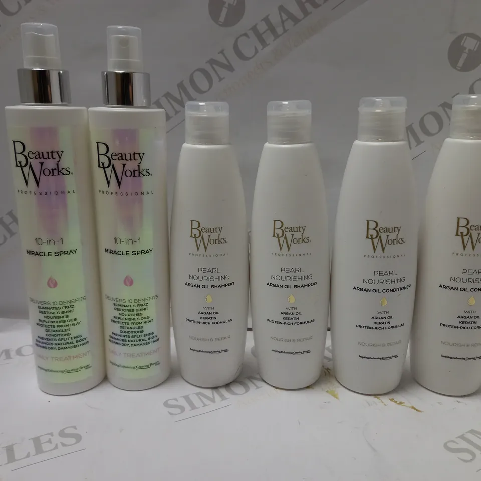 LOT OF 6 ASSORTED BEAUTY WORKS PRODUCTS TO INCLUDE MIRACLE SPRAY, PEARL NOURISHING SHAMPOO, PEARL NOURISHING CONDITIONER 