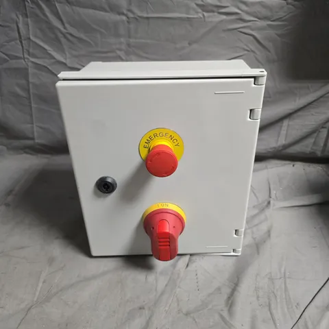 EMERGENCY STOP CONTROL BOX – GREY METAL ENCLOSURE WITH RED EMERGENCY BUTTON AND ON DIAL