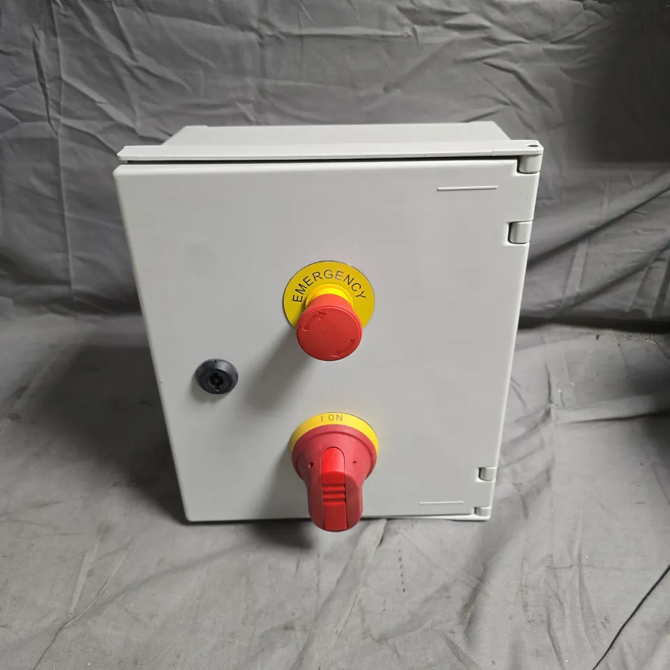 EMERGENCY STOP CONTROL BOX – GREY METAL ENCLOSURE WITH RED EMERGENCY BUTTON AND ON DIAL