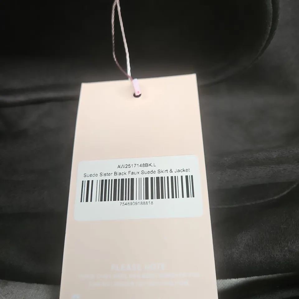 PINK BOUTIQUE 2 PIECE ITEM SUEDE SISTER BLACK FAUX SKIRT AND JACKET LARGE WITH TAGS