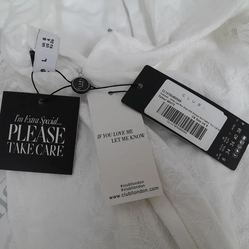 CLUB OF LONDON WHITE LACE MINI DRESS WITH KEYHOLE - UK 8