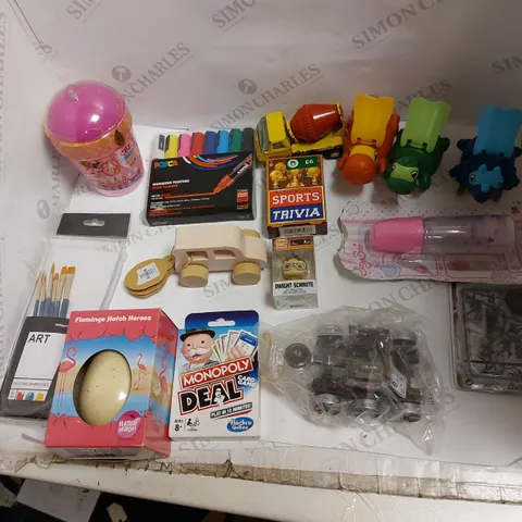 TOTE OF MANY ASSORTED TOYS TO INCLUDE POSCA MARKERS, CRY BABIES SET, AND MONOPOLY DEAL ETC.