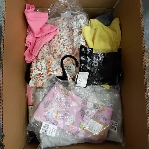 MEDIUM BOX OF ASSORTED KIDS CLOTHING ITEMS TO INCLUDE BAGS, BABY GROWS AND DRESSES