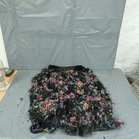 MALISSAJ COLLECTION FLORAL RUFLE MESH SKIRT IN BLACK MULTI - ONE SIZE