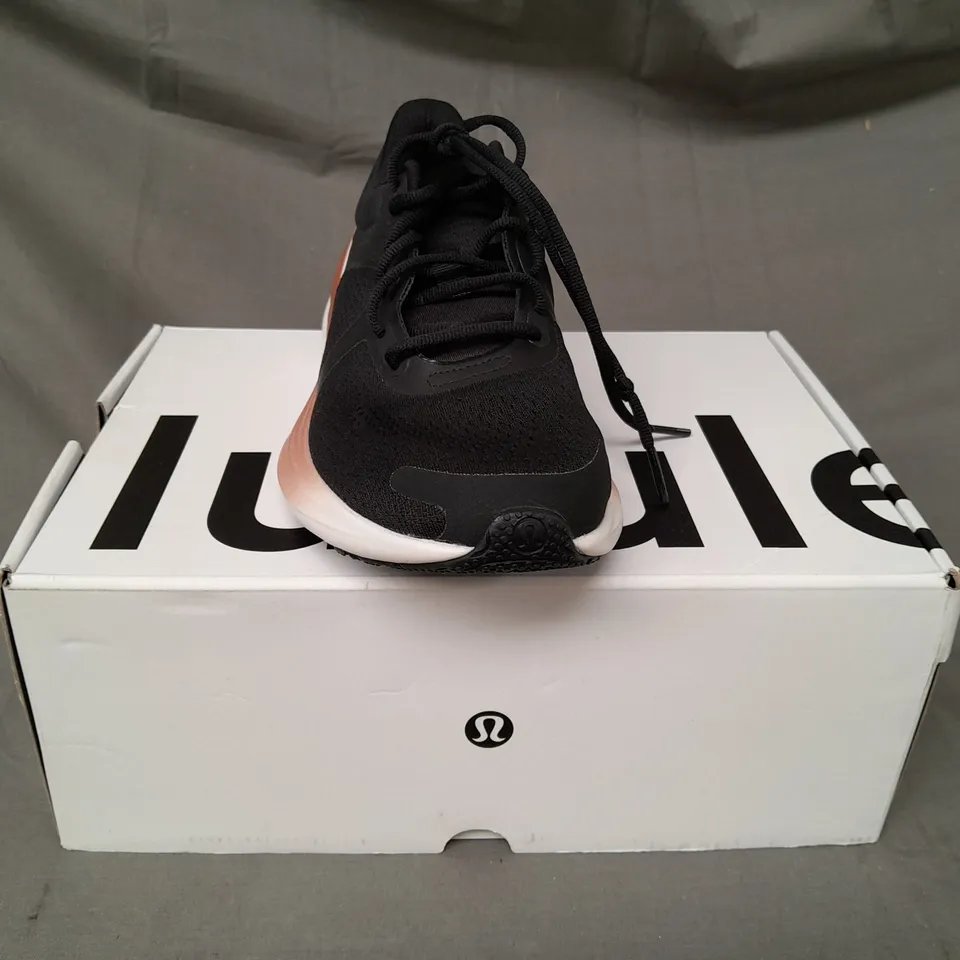 BOXED PAIR OF LULULEMON BLISSFEEL TRAINERS IN BLACK/WHITE/COPPER UK SIZE 5.5
